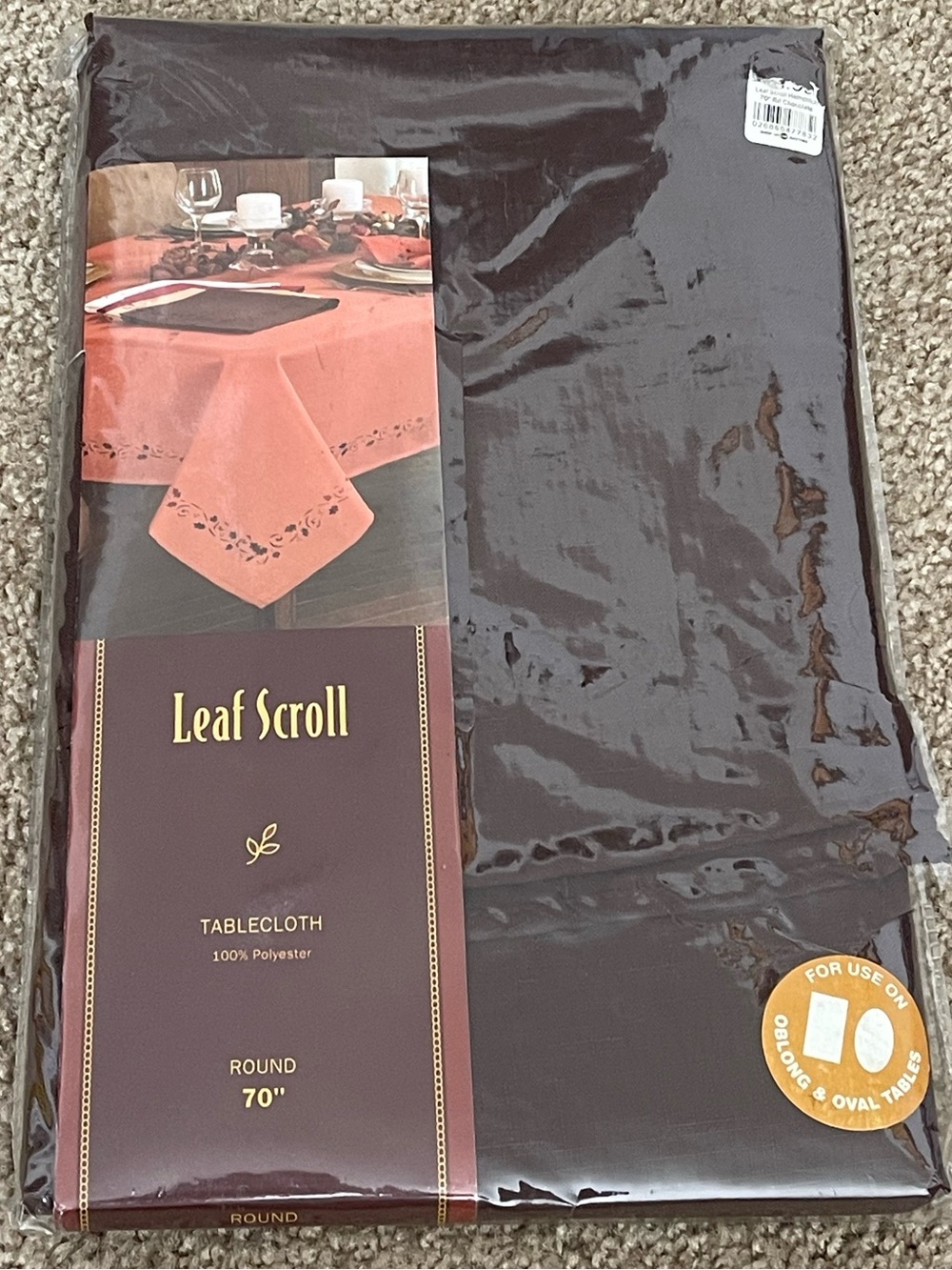 Leaf Scroll Hemstitch Fall Thanksgiving Tablecloth 70 Round Chocolate Brown New
